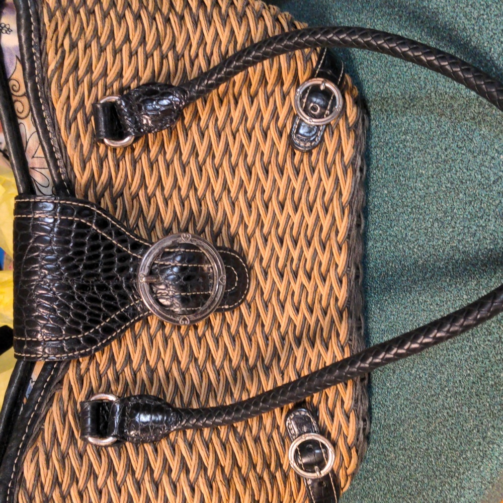 Brighton Beige Woven Black Leather Detail Shoulder Bag Flap Bag Women’s